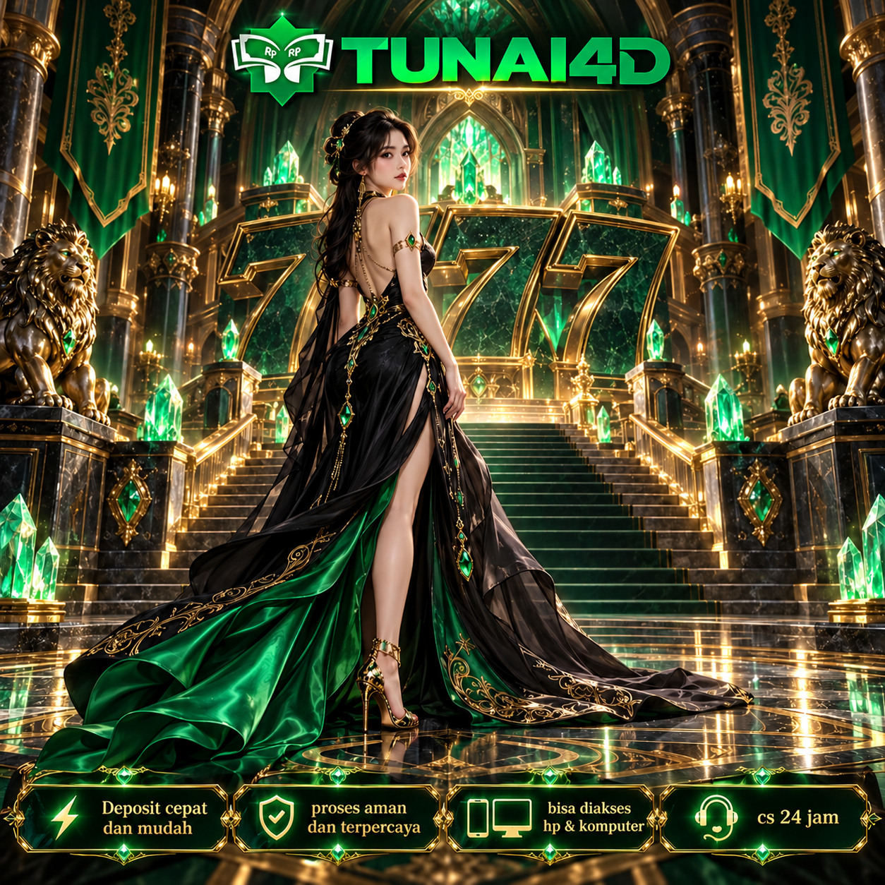 Poster TUNAI4D ke-2: ilustrasi digital bertema hijau zamrud dan emas, dengan identitas TUNAI4D