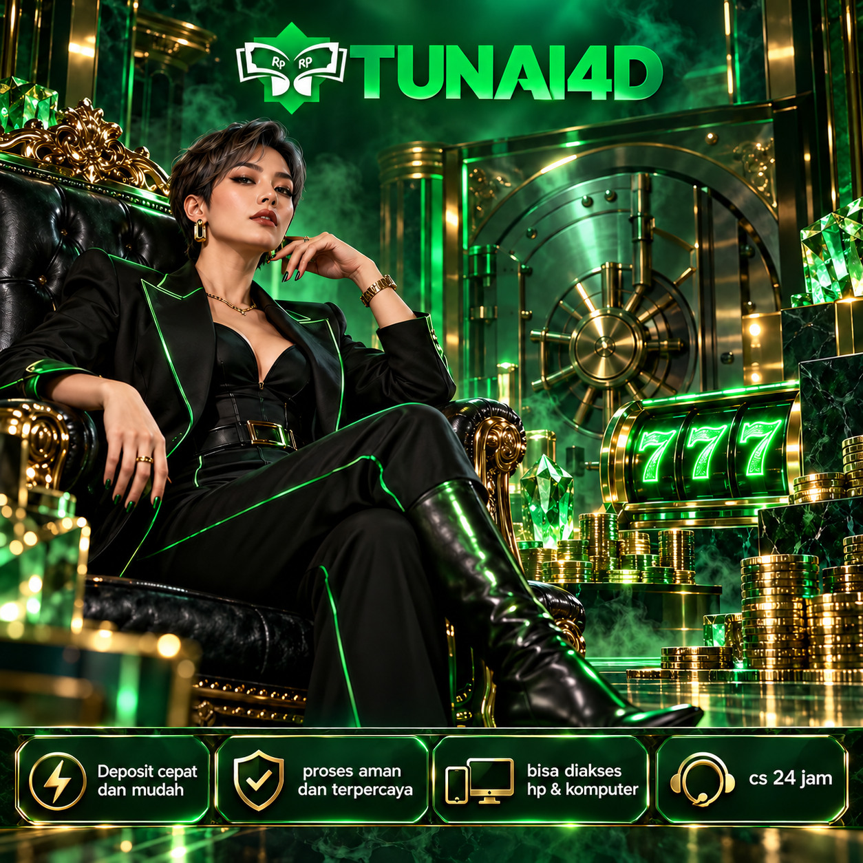 Poster TUNAI4D ke-3: ilustrasi digital bertema hijau zamrud dan emas, dengan identitas TUNAI4D